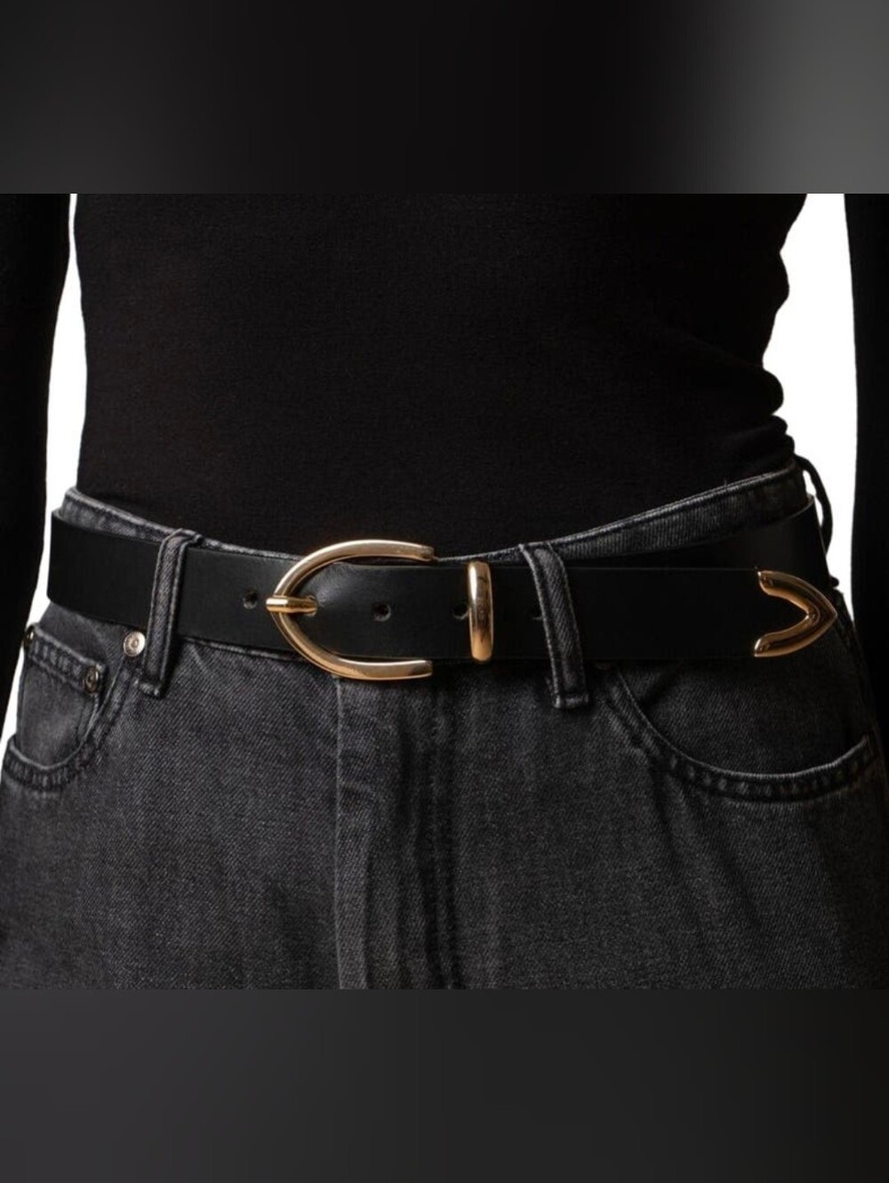 NWT Saint + Sofia Black Leather Victory Belt with Light Gold Hardware Sz M